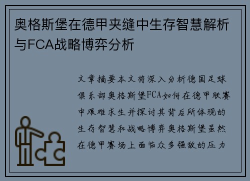奥格斯堡在德甲夹缝中生存智慧解析与FCA战略博弈分析